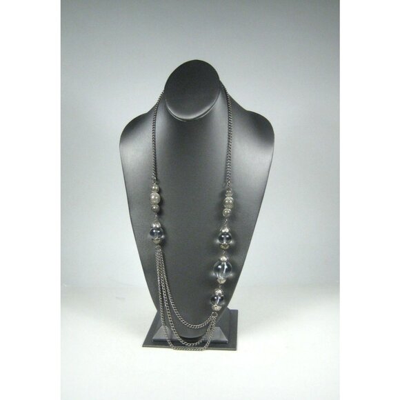 Silvertone Multi Strand Chain Necklace Clear Lucite Beads Mesh Spheres 33 inch - Picture 6 of 11